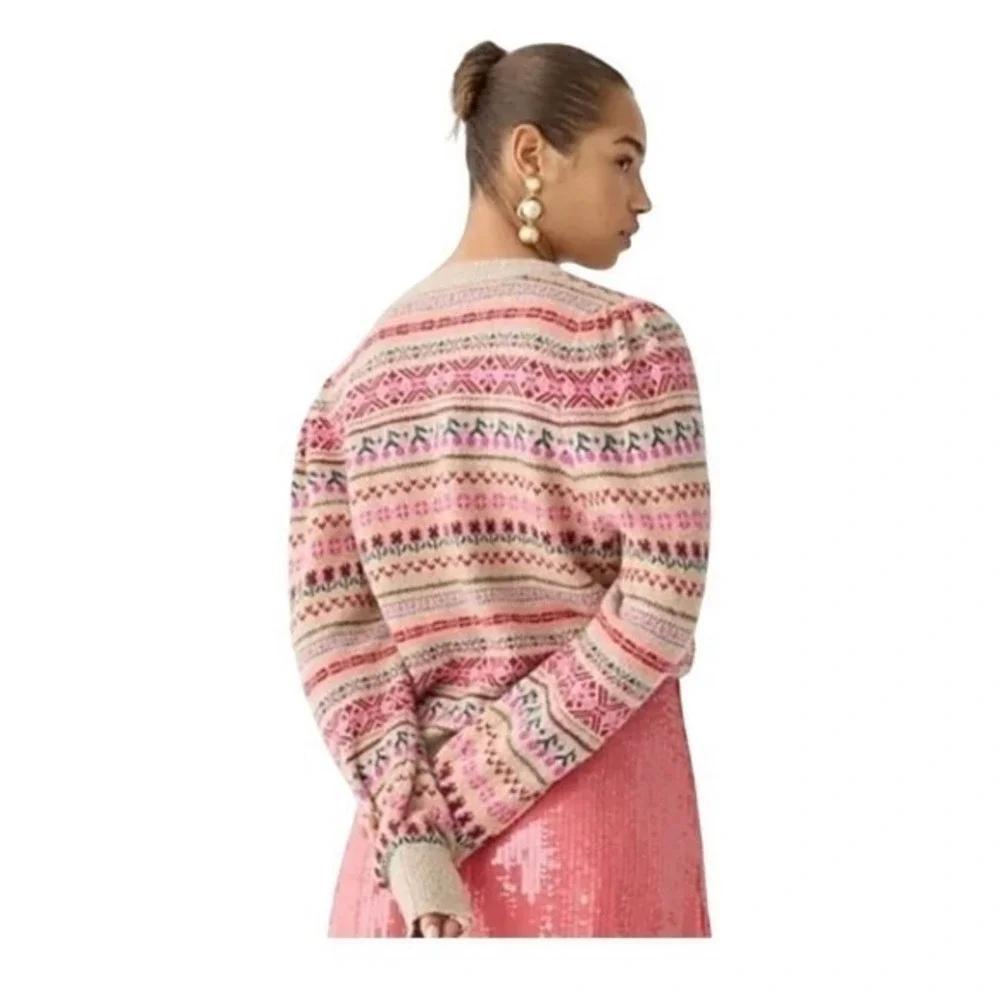 J. Crew Puff Sleeve‎ Fair Isle Crewneck Sweater Floral Cherry Print XL